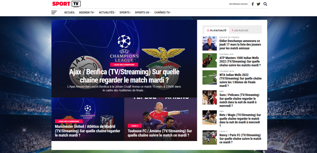 page d'accueil du média sportif Sport-TV