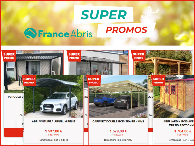 Super promotion de printemps sur les abris de jardin, pergolas bioclimatique, carports, garages… [France Abris]