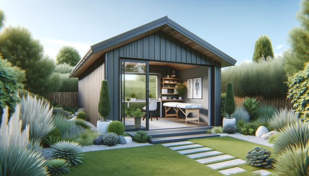 Projection 3D d'un bureau de jardin traversant, à toit bi pente, privilégiant l'ouverture vers la verdure, pensé pour une profession libérale paramédicale