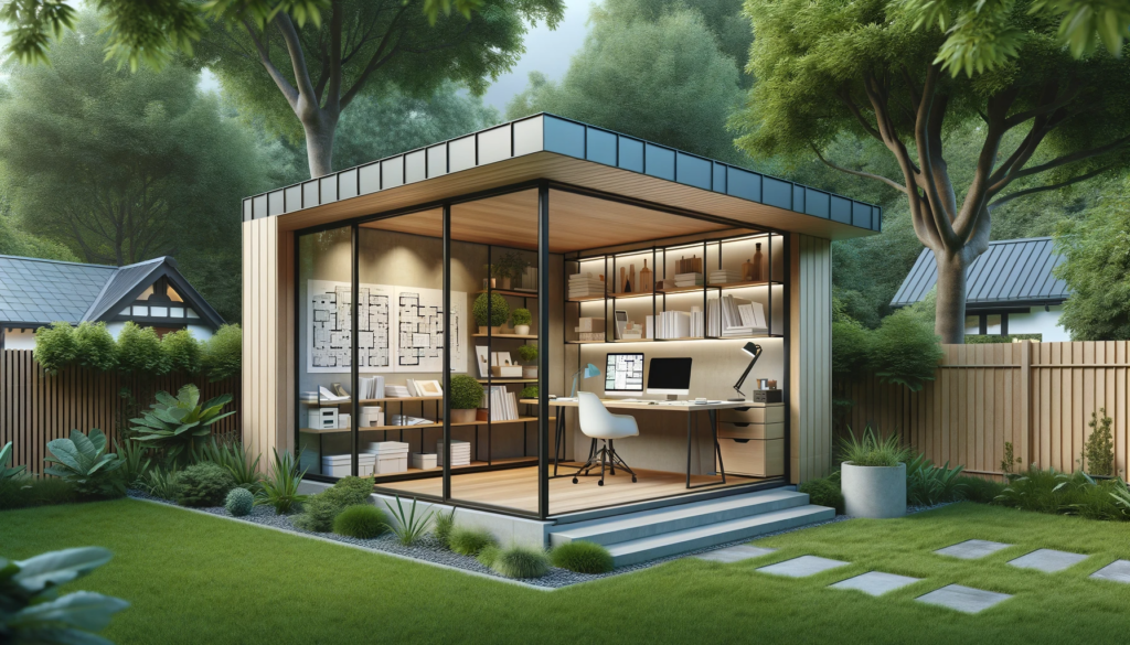 Projection 3D d'un bureau de jardin moderne à toit simple pente, privilégiant l'espace de rangement, pensé pour un architecte