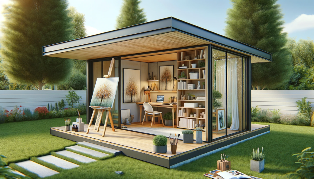 Projection 3D d'un bureau de jardin moderne à toit simple pente, privilégiant la luminosité, pensé pour un artiste peintre