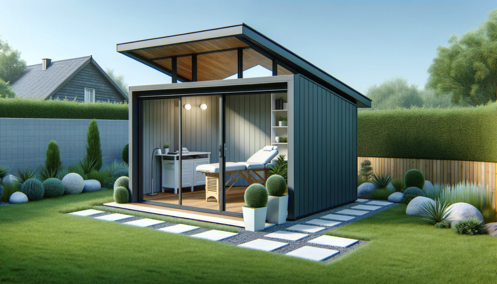Projection 3D d'un bureau de jardin moderne à toit simple pente, pensé pour une profession libérale de type naturopathe