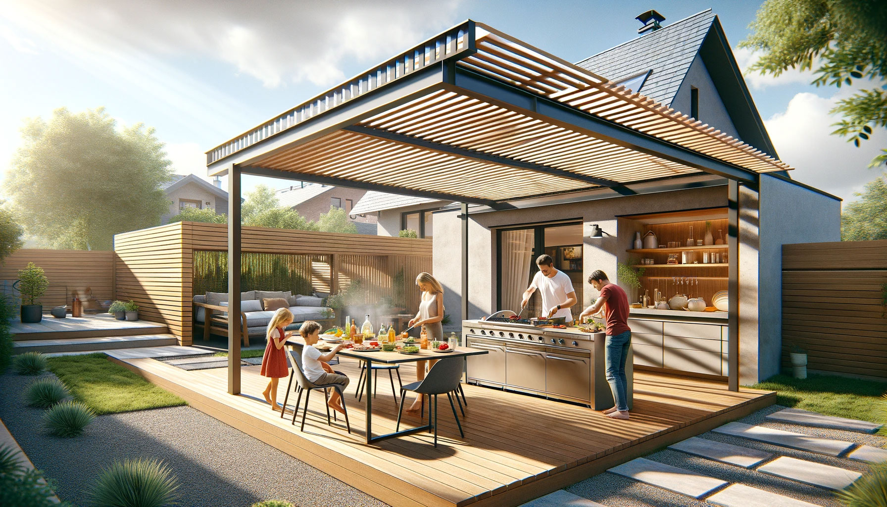 Pergola Bioclimatique de type "adossée" à la maison, avec une cuisine d'extérieure