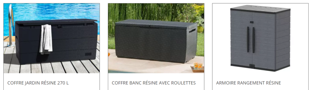 trois exemples de coffres de rangement de jardin en résine