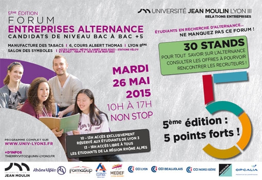 5ème édition Forum Entreprises Alternance : le 26 mai 2015 à l’Université Jean Moulin Lyon III