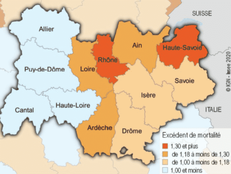 Surmortalité dans la région Auvergne-Rhône-Alpes due au Covid-19 :  18 % de décès supplémentaires