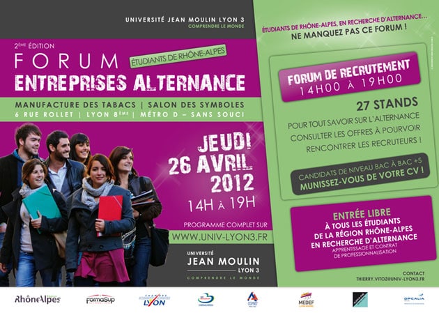 Affiche du 2eme Forum Entreprises et Alternance aux couleurs verte et parme 