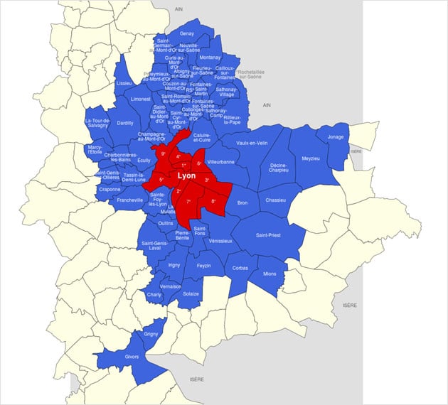 Carte des communes du Grand Lyon 