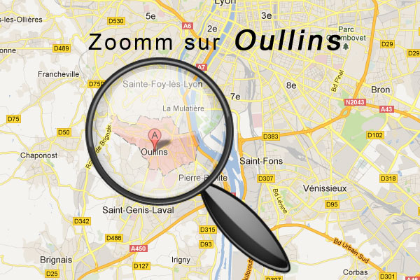 Loupe sur la carte de Lyon qui montre Oullins
